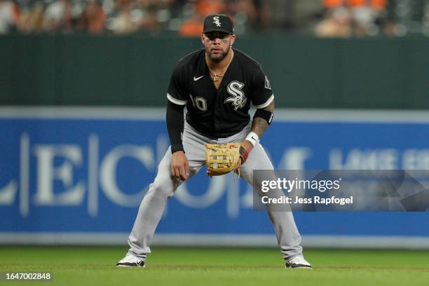 Yoan Moncada of the Chicago White Sox waits for a pitch to the Baltimore Orioles during the fourth inning at Oriole Park at Camden Yards on August...