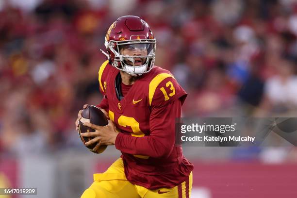 Caleb Williams of the USC Trojans looks to pass the ball during the third quarter against the San Jose State Spartans at United Airlines Field at the...