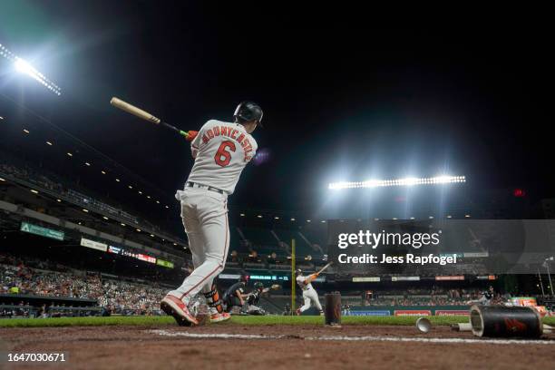 Ryan Mountcastle of the Baltimore Orioles warms up in the on deck circle before batting against the Chicago White Sox during the fourth inning at...