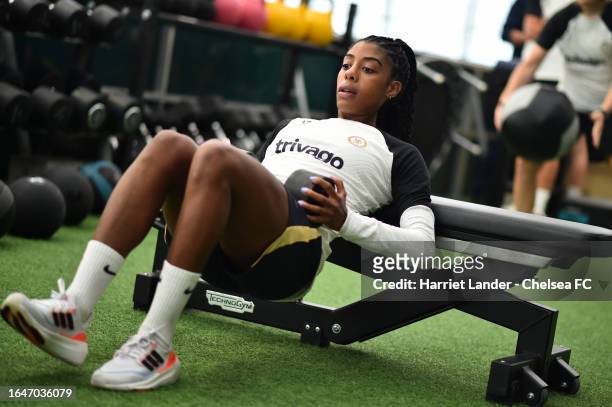 Ashley Lawrence of Chelsea in action in the gym during a Chelsea FC Women's Training Session at Chelsea Training Ground on August 29, 2023 in Cobham,...