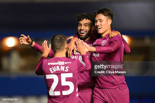 Kion Etete of Cardiff City celebrates after scoring the team's third goal during the Carabao Cup Second Round match between Birmingham City and...