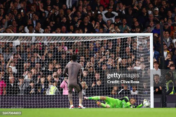 Marek Rodak of Fulham saves the penalty of Davinson Sanchez of Tottenham Hotspur in the penalty shoot out during the Carabao Cup Second Round match...