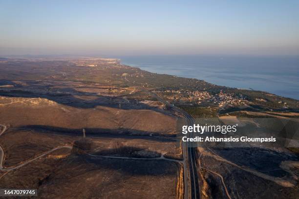 Aerial view of Burnt forest on August 29, 2023 in Alexandroupoli, Greece. The European Commission described the Northen Greece blaze is the largest...