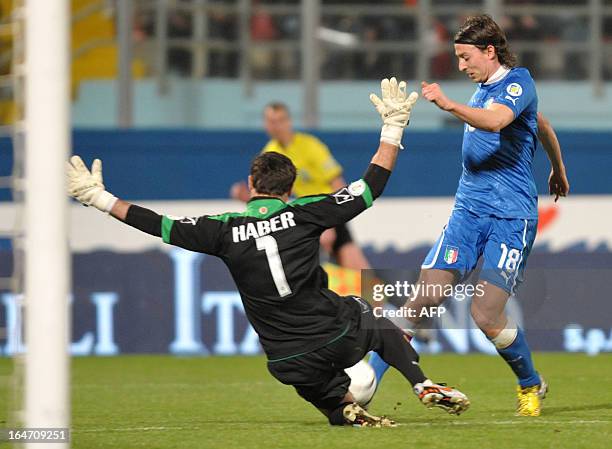 Italy's Riccardo Montolivo kicks the ball the FIFA 2014 World Cup qualifying football match Malta vs.Italy at the National Stadium in Malta on March...