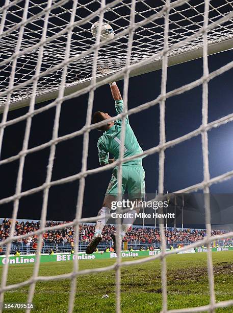 Joe Hart of England in action during the FIFA 2014 World Cup Group H Qualifier between Montenegro and England at City Stadium on March 26, 2013 in...