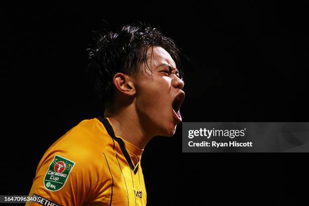 Kiban Rai of Newport County celebrates after scoring the team's first goal to equalise during the Carabao Cup Second Round match between Newport...