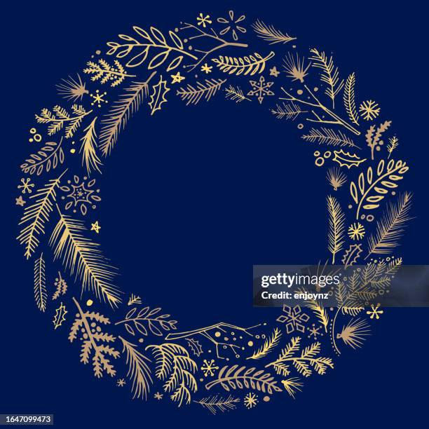 ilustrações de stock, clip art, desenhos animados e ícones de christmas doodle drawing floral wreath circle border design - galhinhos