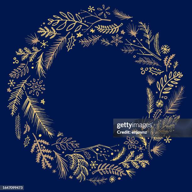 bildbanksillustrationer, clip art samt tecknat material och ikoner med christmas doodle drawing floral wreath circle border design - blomsterkrans