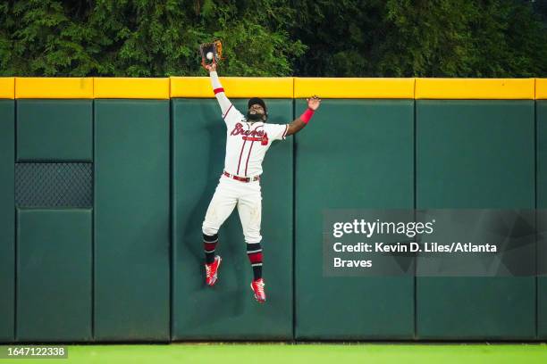 Michael Harris II of the Atlanta Braves makes a catch during the fifth inning against the St. Louis Cardinals at Truist Park on September 05, 2023 in...