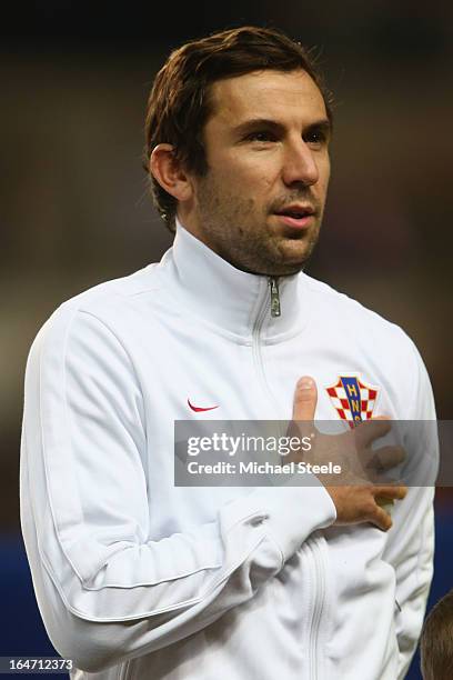 Darijo Srna of Croatia during the FIFA 2014 World Cup Group A Qualifier match between Wales and Croatia at the Liberty Stadium on March 26, 2013 in...