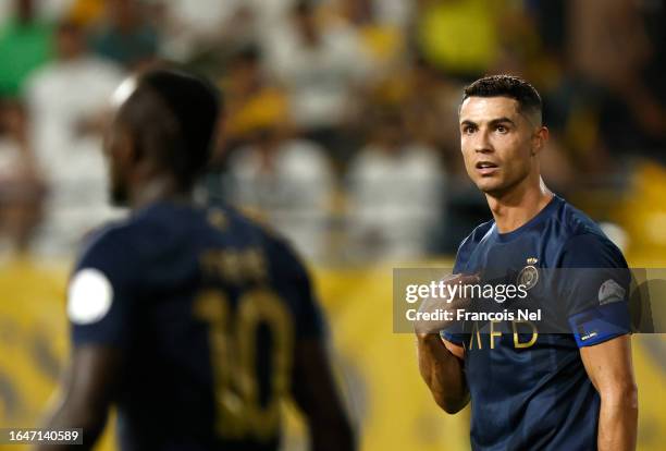 Cristiano Ronaldo of Al-Nassr Club gestures during the Saudi Pro League match between Al-Nassr and Al-Shabab at King Saud University Stadium on...