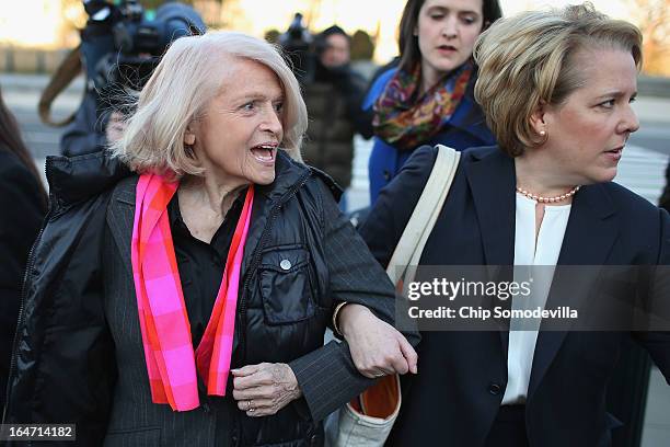 Edith Windsor and her lawyer Roberta Kaplan arrive at the Supreme Court on March 27, 2013 in Washington, DC. The Supreme Court will hear oral...