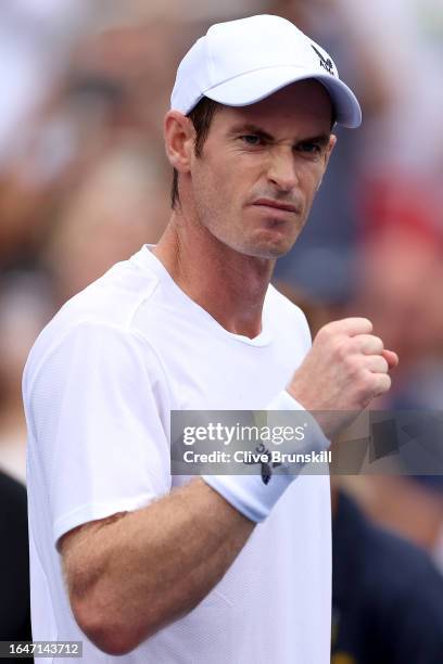 Andy Murray of Great Britain celebrates match point against Corentin Moutet of France during their Men's Singles First Round match on Day Two of the...