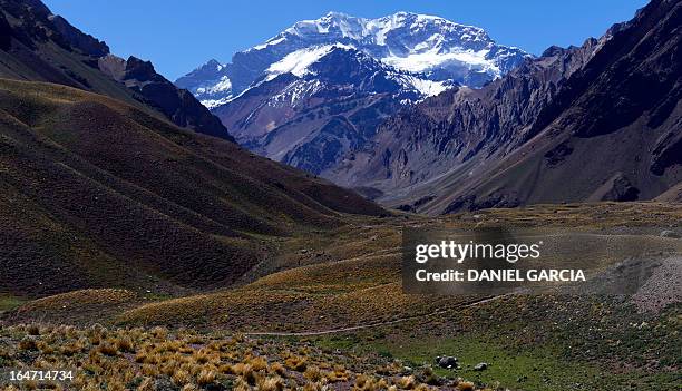 View of the Aconcagua mountain in Argentina taken on February 2, 2013. The Aconcagua is the highest mountain of the Americas, the second in the world...