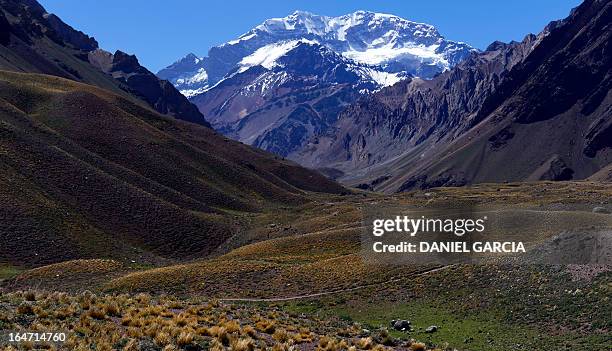 Tourists walk toward the Aconcagua mountain in Argentina on February 2, 2013. The Aconcagua is the highest mountain of the Americas, the second in...