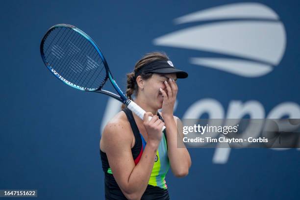 August 29: Patricia Maria Tig of Romania celebrates her victory against Rebecca Marino of Canada on Court Four in round one of the Women's singles...