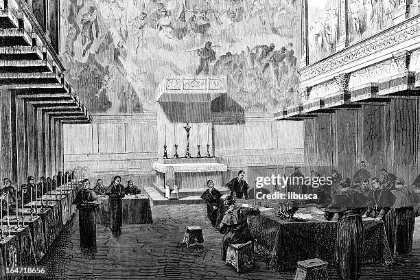 pope election conclave scrutiny in sistine chapel - papal conclave stock illustrations