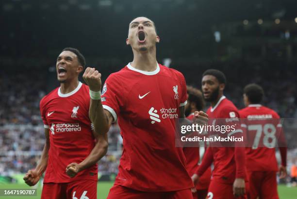 Darwin Nunez of Liverpool celebrates after scoring the team's first goal to equalise during the Premier League match between Newcastle United and...