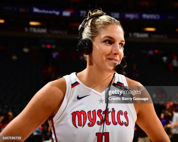 Elena Delle Donne of the Washington Mystics talks to the media after the game on September 5, 2023 at Footprint Center in Phoenix, Arizona. NOTE TO...
