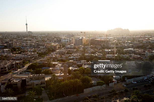 Baghdad Tower and the Al-Rahman Mosque pierce the Baghdad skyline, March 20, 2013 in Baghdad, Iraq. Ten years after the regime of Saddam Hussein was...