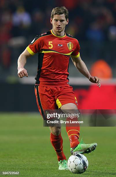 Jan Vertoghen of Belgium in action during the FIFA 2014 World Cup Qualifier between Belgium and Macedonia at Stade Roi Baudouis on March 26, 2013 in...
