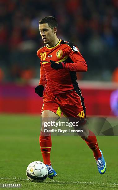 Eden Hazard of Belgium in action during the FIFA 2014 World Cup Qualifier between Belgium and Macedonia at Stade Roi Baudouis on March 26, 2013 in...