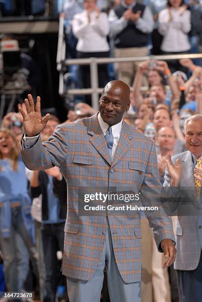Former player Michael Jordan of the North Carolina Tar Heels is honored during a halftime ceremony during a game against the Wake Forest Demon...