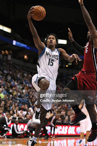 Mickael Gelabale of the Minnesota Timberwolves drives to the basket against the Miami Heat on March 4, 2013 at Target Center in Minneapolis,...