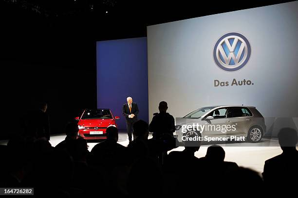 The new U.S. Version of the Volkswagen redesigned Golf and the new GTI are displayed at the 2013 New York International Auto Show on March 27, 2013...