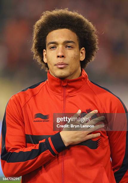 Axel Witsel of Belgium stands for the national anthems prior to the FIFA 2014 World Cup Qualifier between Belgium and Macedonia at Stade Roi Baudouis...