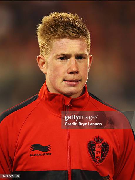 Kevin de Bruyne stands for the national anthems prior to the FIFA 2014 World Cup Qualifier between Belgium and Macedonia at Stade Roi Baudouis on...