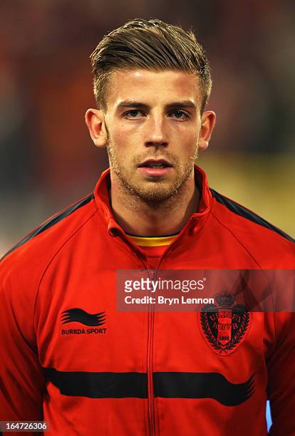 Toby Alderweireld of Belgium stands for the national anthems prior to the FIFA 2014 World Cup Qualifier between Belgium and Macedonia at Stade Roi...