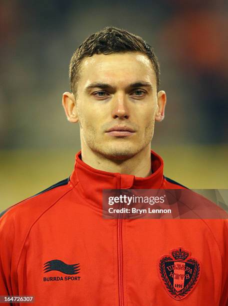 Thomas Vermaelen of Belgium stands for the national anthems prior to the FIFA 2014 World Cup Qualifier between Belgium and Macedonia at Stade Roi...