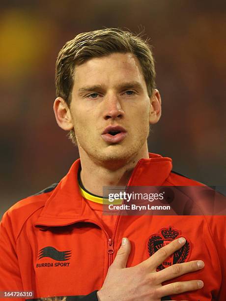 Jan Vertonghen of Belgium stands for the national anthems prior to the FIFA 2014 World Cup Qualifier between Belgium and Macedonia at Stade Roi...