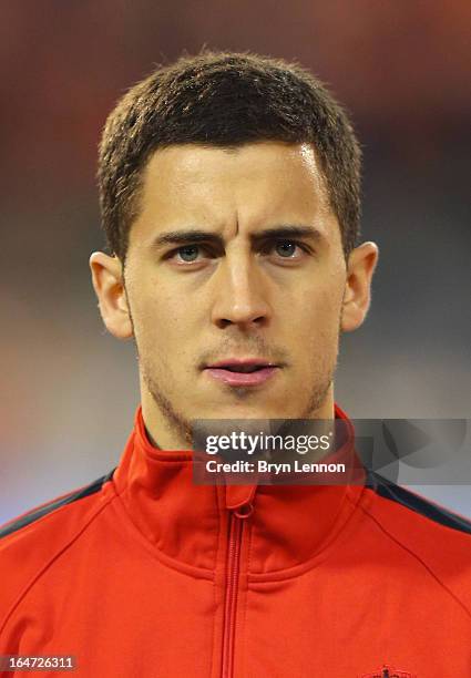 Eden Hazard of Belgium stands for the national anthems prior to the FIFA 2014 World Cup Qualifier between Belgium and Macedonia at Stade Roi Baudouis...