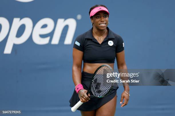 Sachia Vickery of the United States reacts against Donna Vekic of Croatia during their Women's Singles First Round match on Day Two of the 2023 US...