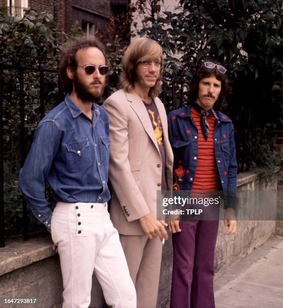 American musicians Robby Krieger, Ray Manzarek and John Densmore, of the American rock band The Doors, pose for a group portrait in London, England,...