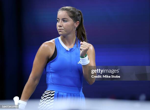 Jodie Burrage of Great Britain celebrates a point against Anna Blinkova during their Women's Singles First Round match on Day Two of the 2023 US Open...