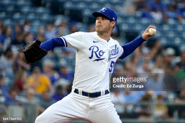 Cole Ragans of the Kansas City Royals throws in the first inning against the Pittsburgh Pirates at Kauffman Stadium on August 29, 2023 in Kansas...
