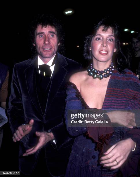 Actor Jim Dale and Julia Schafler attend the opening party for "Barnum" on February 14, 1982 at the Brown Derby in Hollywood, California.