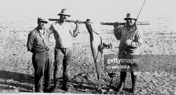 Three men stand with a 68.5 pound white seabass hanging from a wooden pole on a sandy beach near the Coronado Islands in Mexico on June 13, 1937.