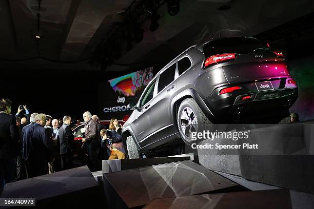 The new version of the Jeep Cherokee, the fourth since 1974, is displayed at the 2013 New York International Auto Show on March 27, 2013 in New York...
