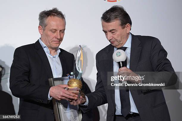 Christian Streich, head coach of SC Freiburg, is honoured during the Coaching and Technichal Development Course Awarding Ceremony on March 27, 2013...