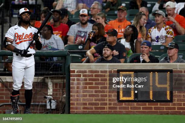 Cedric Mullins of the Baltimore Orioles stands next to the pitch clock before batting in the second inning against the Chicago White Sox at Oriole...