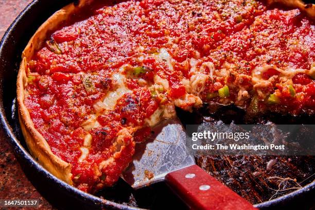 Green pepper deep dish pizza at My Pi Pizza in Chicago, IL.