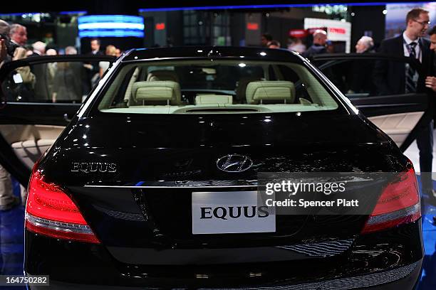 The new 2014 Hyundai Equus is viewed at the 2013 New York International Auto Show on March 27, 2013 in New York City. The New York Auto Show will...