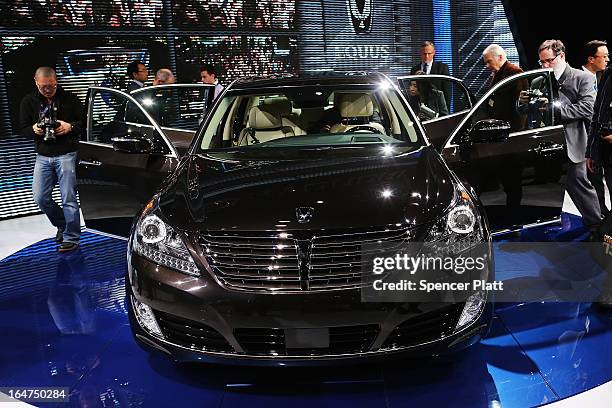 The new 2014 Hyundai Equus is viewed at the 2013 New York International Auto Show on March 27, 2013 in New York City. The New York Auto Show will...