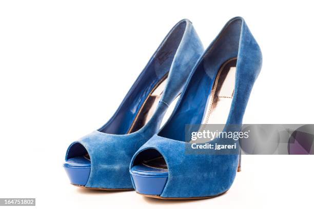 elegant blue suede high heels - blue shoe stock pictures, royalty-free photos & images