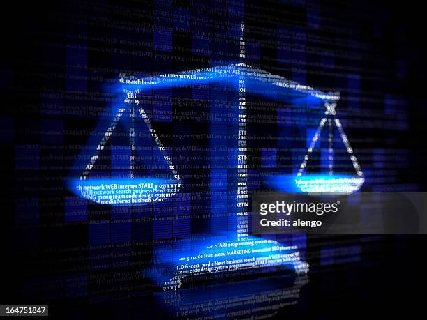 blue scales with computer coding terms - gerechtigheid stockfoto's en -beelden