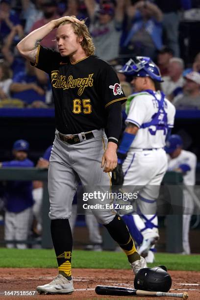 Jack Suwinski of the Pittsburgh Pirates strikes out to end the fifth inning against the Kansas City Royals at Kauffman Stadium on August 29, 2023 in...